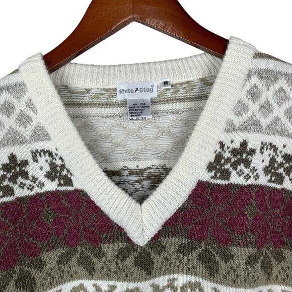 Vintage White Stag Sweater Vest Wool Blend Knit Flower Stripe Pattern Women’s M - Picture 2 of 7